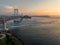 Suspension bridge across Naruto Straight and whirlpools at sunset