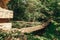 Suspension bridge in the green forest.