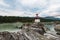 Suspension bridge on mountain river