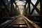 Suspension Bridge. old rusty aged railroad bridge over a river. sunny sky.