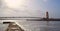 Suspension Bridge over River, Bright Sunshine and Clear Sky - Landscape at Sudama Setu, Gomti River, Dwarka, Gujarat, India