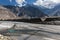 Suspension bridge passu cones mountain range rocky scenery