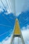 suspension bridge pillar and sling paning up to the blue sky ,Bangkok