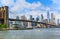 Suspension Brooklyn Bridge across Lower Manhattan and Brooklyn.