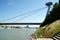 Suspension pylon with the UFO-like observation deck of the the SNP Bridge over Danube River, Bratislava, Slovakia