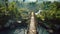Suspension wood bridge in jungle, vintage dangerous footbridge across tropical river. Landscape of green forest and blue water.