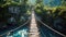 Suspension wooden bridge across tropical river, old dangerous footbridge, perspective view. Scenery of green jungle and blue water