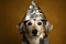 suspicious dog wearing foil hat on brown background, neural network generated photorealistic image