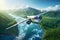 Sustainable aviation fuel concept. Airplane flying above green mountains and river. Net zero emissions flight. Eco-friendly