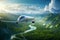 Sustainable aviation fuel concept. Airplane flying above green mountains and river. Net zero emissions flight. Eco-friendly