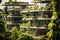 Sustainable buildings in modern city, green plants on walls and roof