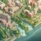 Sustainable City with Green Roofs, Vertical Gardens, and River Flowing Through