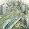 Sustainable City with Green Roofs, Vertical Gardens, and River Flowing Through