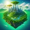 Sustainable cityscape with floating island with green lush Fantasy art that promotes ecological print idea for environmental ad