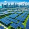 A sustainable cityscape with solar panels and green roofs under a clear blue showcasing sustainable urban