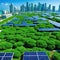 A sustainable cityscape with solar panels and green roofs under a clear blue showcasing sustainable urban