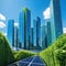 A sustainable cityscape with solar panels and green roofs under a clear blue showcasing sustainable urban