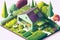 A Sustainable Eco-Friendly House with Green Roof and Beautiful Garden in Pastel Colors. Generative AI