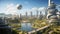 Sustainable futuristic cityscape. City of the future. Hyperdetailed futuristic city landscape with plants, picture of a utopian