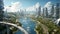 Sustainable futuristic cityscape. City of the future. Hyperdetailed futuristic city landscape with plants, picture of a utopian