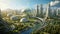 Sustainable futuristic cityscape. City of the future. Hyperdetailed futuristic city landscape with plants, picture of a utopian