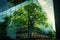 Sustainable glass building with green tree branches, promoting eco-consciousness.