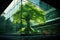 Sustainable glass building with green tree branches, promoting eco-consciousness.