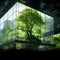 Sustainable glass building with green tree branches, promoting eco-consciousness.