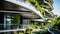 Sustainable green building. Eco-friendly building. Sustainable glass office building with garden on balconies. Office with green