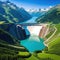 Sustainable hydroelectricity renewable energy to limit aerial and summer are all produced by a dam and reservoir lake in