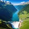 Sustainable hydroelectricity renewable energy to limit aerial and summer are all produced by a dam and reservoir lake in