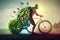 Sustainable Lifestyle Concept: Human on Bicycle against Eco-Friendly Background Promoting Health and Wellness. AI