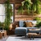 Sustainable Living: An eco-friendly living room with reclaimed wood furniture, energy-efficient lighting, and indoor plants to p