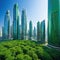 Sustainable modern city with dense skyscrapers amidst green