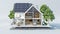 sustainable modern house building with solar panels and heat pump illustration