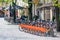 Sustainable transport. Row of bikes parked for hire in the old town