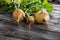 Sustainable turnips with cracks and fresh green leaves and tops