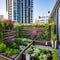 Sustainable Urban Garden: An eco-friendly rooftop garden with recycled materials, vertical planters, and solar-powered lights3,