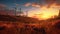 Sustainable Wind Turbines in country field at sunset