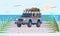 SUV car with luggage on the roof and smiling guy behind the wheel on the beach by the sea. Off-road vehicle on the