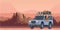 SUV car with luggage on the roof and smiling guy behind the wheel moving through the Grand Canyon. Off-road vehicle and