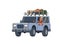 SUV car with luggage on the roof trunk and smiling guy behind the wheel. Off-road vehicle on the move. Traveler`s car
