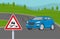 Suv car turning on a slippery road. Warning road or traffic sign. Summer season landmark.