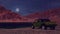 SUV on the desert lake bank under full moon