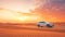 SUV Driving Through Desert Dunes kicking up sand on vast desert landscape at sunset