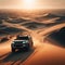 An SUV driving through the sand dunes, in the style of Australian landscape