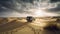 SUV in Golden Desert Sand at Sunset, with Tracks and Footprints around