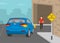 Suv is turning right into the tunnel. Turning traffic must yield to pedestrians. Young male character crossing the street.