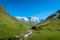 Svaneti landscape with glacier and snow-capped mountain, Georgia.