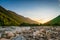 Svaneti landscape at sunset and river on the trekking and hiking route near Mestia village in Svaneti region, Georgia